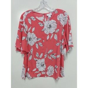 Liz Claiborne Short Sleeve Top Rose Garden Floral Keyhole Neckline Size Medium